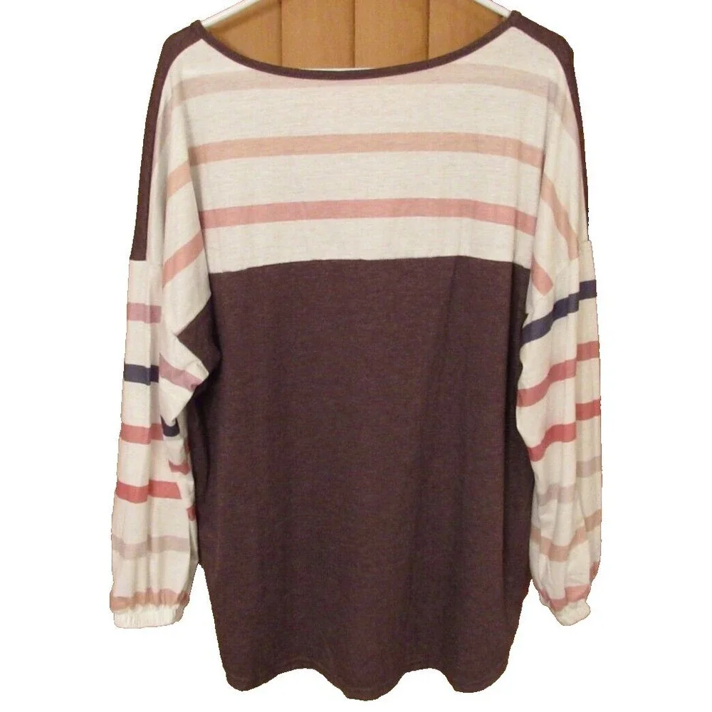 NXH Coffe and White Bishop Sleeve Tunic Top Size Large - Picture 2 of 2